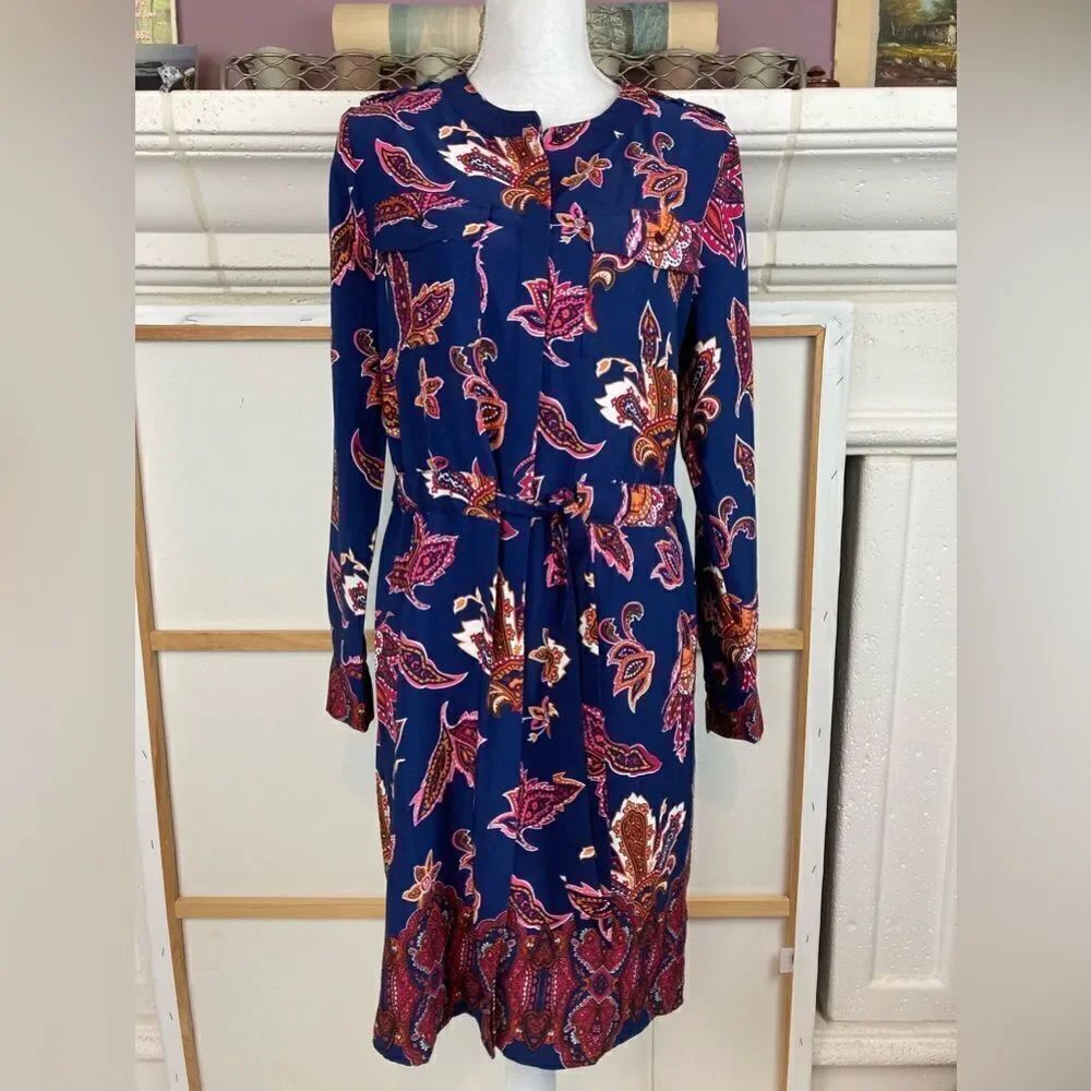 Liz Claiborne NWOT bright print shirt dress w/drawstring belt runs big like M